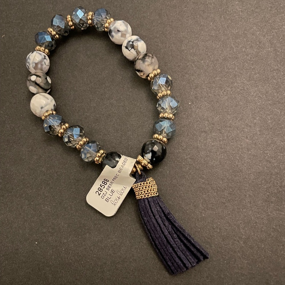 Lou Lou OZJ Semi-Precious Beaded Tassel Stretch Bracelet Blue
